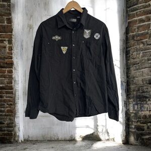 Steve's Jeans‎ Men’s XL Shirt Military Theme Patches Snap Long Sleeve Black